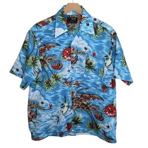 70s Vintage VanCort | Hawaiian Tropical Shirt Blue Marlin Beach Boys Size Medium
